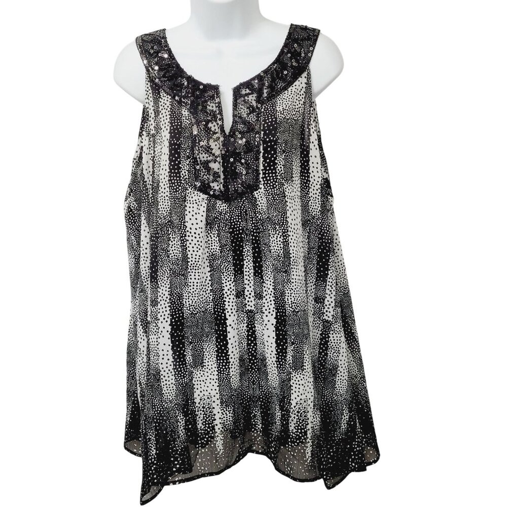Style & Co Tunic Top Size 18 Black & White Sleeveless Chiffon Sequin Accents